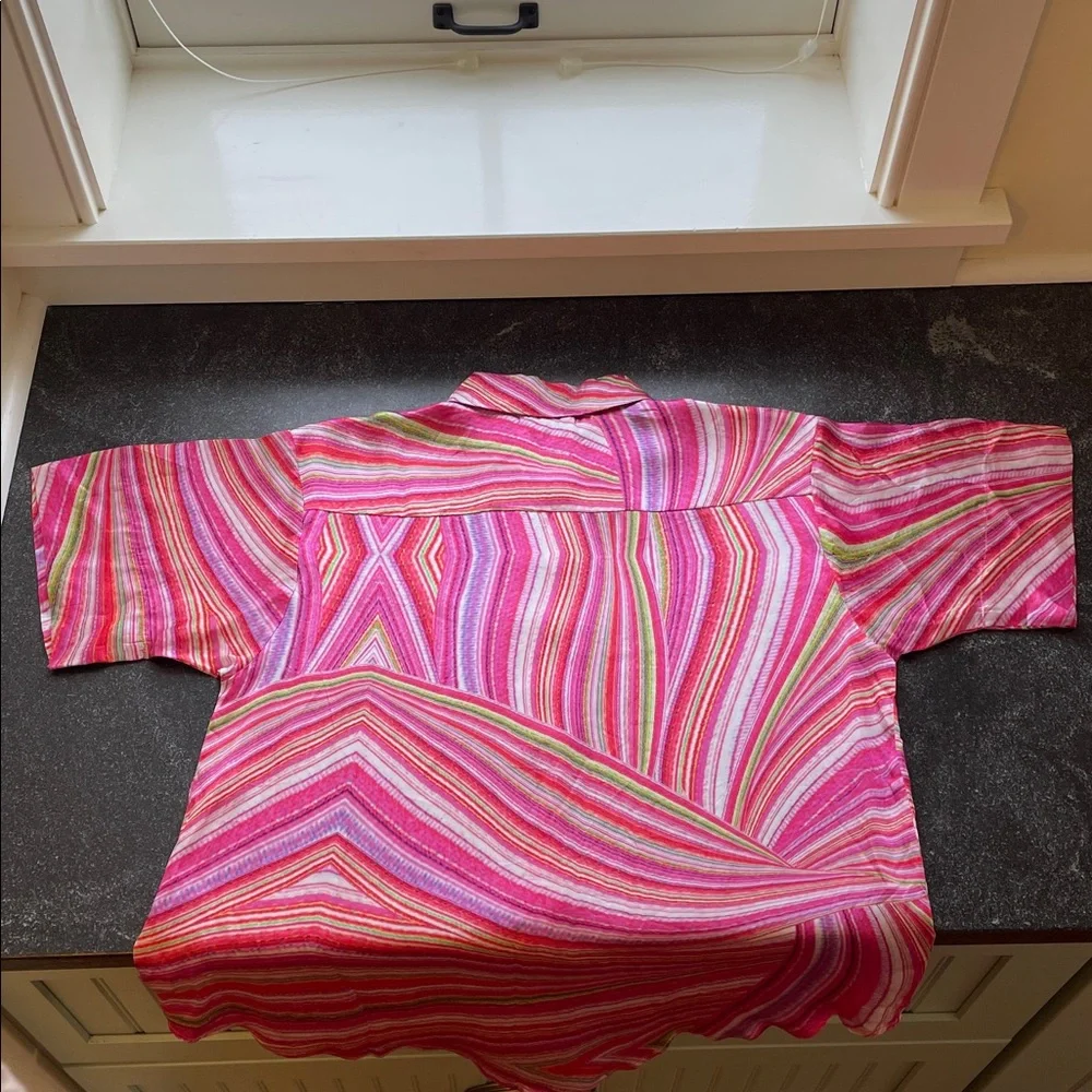 NWT Frankie’s Bikinis Fifi Medium (M) Cover Up/ Button Down Striped Pink Green